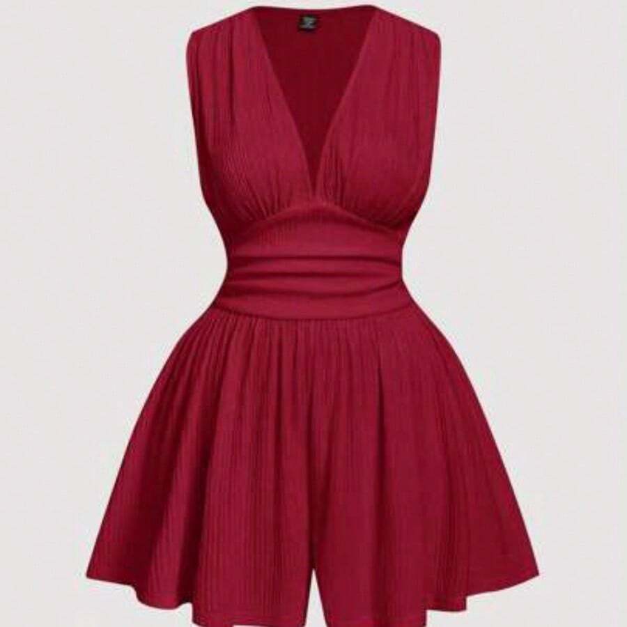 MOD V-Neck Ruffled Waist Short Plus Size Women's Jumpsuit - Rojo - Ver 1