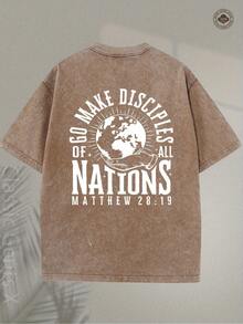 Camiseta de fe cristiana de 230 g/m² con diseño de "Discípulos de Todas las Naciones" y misión global, ropa religiosa en rosa suave, camiseta con cita bíblica de Mateo 28:19, estilo unisex para iglesia y calle, camiseta de viaje lavable a máquina, diseño creativo con motivos de la tierra, tela suave. - marrón café - Ver 4