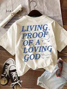 GiftTop casual de verano para mujer con estampado de doble cara que presenta un diseño minimalista de nubes y pájaros, LIVING PROOF OF A LOVING GOD, camiseta de manga corta pura con cuello redondo estampadoSoft - Albaricoque - Ver 3