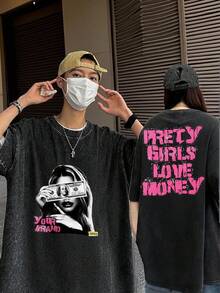 Loose Black T-Shirt With Vintage Wash Effect, Unisex Printed Top,  Double-Sided Y2K Style Print, Large Portrait Pattern, Casual Cotton Short-Sleeved Round Neck T-Shirt For Summer, Vintage Style T-Shirt. - 黑色 - 查看 4