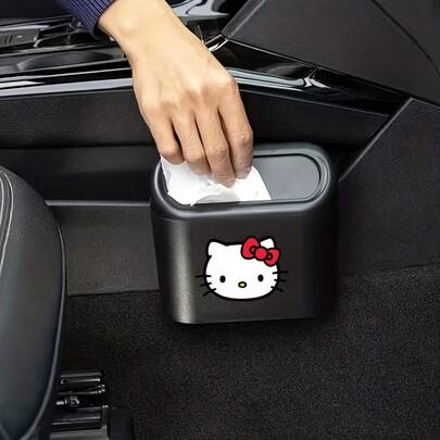 SANRIO 1个可爱三丽鸥Hello Kitty车载垃圾桶，迷你按压式车载垃圾桶，可爱Kitty印花汽车垃圾容器，适用于汽车、办公室和家庭，防漏小型储物盒