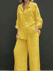 Cardigan casual con cuello polo ligero, blusa elegante de unicolor versátil adecuada para la playa, el diario, el trabajo, las compras, de tela suave, pantalones sueltos con cintura elástica, conjunto de 2 piezas, primavera/verano/otoño - Amarillo - Ver 7