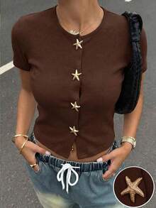 Muchic Holiday Summer Vacation Starfish Button White Knit T-Shirt - Marrón Chocolate - Ver 12