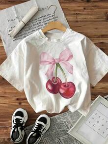Women's Casual Short Sleeve Round Neck T-Shirt - Cherry And Bow Print, White With Red Cherries And Pink Bow, Lightweight And Breathable Fabric, Machine Washable, Year-Round Comfort, Original Design, Soft Texture, Summer Tops. - White - View 6