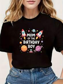 Camiseta de algodón puro para mujer, camiseta con estampado espacial para mujer - Mamá de Cumpleaños, con diseño de cohetes y planetas, top casual de manga corta y cuello redondo, adecuada para mujeres, primavera y verano, ropa casual, estampado divertido, estilo cómodo. - Negro - Ver 1