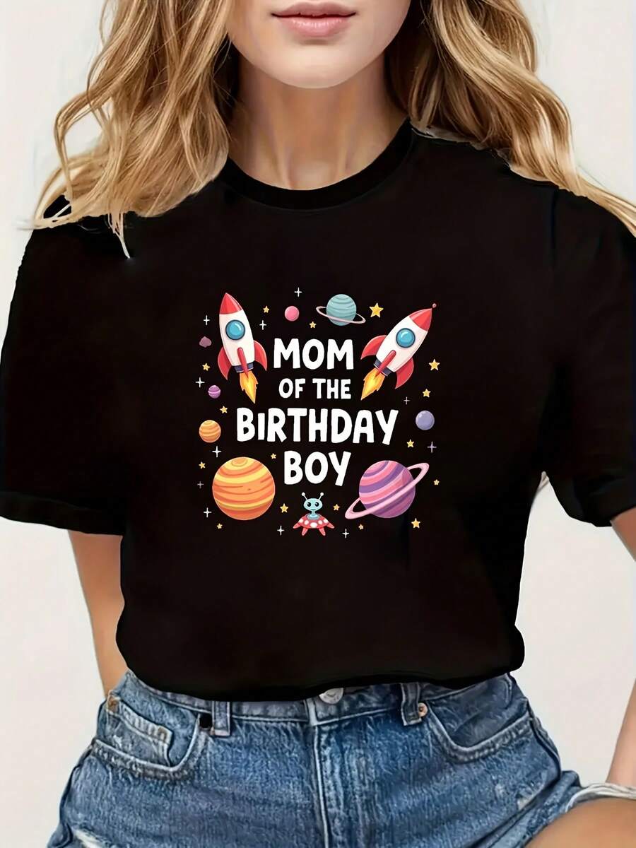 Camiseta de algodón puro para mujer, camiseta con estampado espacial para mujer - Mamá de Cumpleaños, con diseño de cohetes y planetas, top casual de manga corta y cuello redondo, adecuada para mujeres, primavera y verano, ropa casual, estampado divertido, estilo cómodo. - Negro - Ver 1