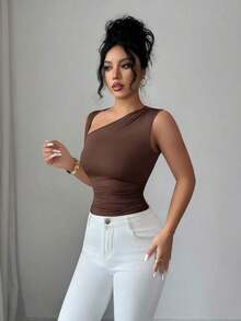 Nuevo body ajustado de mujer de tela elástica de punto con hombros oblicuos sin mangas, casual y elegante, versátil para otoño/invierno - Marrón - Ver 8