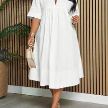 Slayr Plus Size Elegant & Commuting & Vacation & Daily Loose White Short Sleeve Dress With Notched Collar And A-Line Hem, Knee-Length, Spring/Summer -Z,Graduation Dress - Verde militar - Ver 6