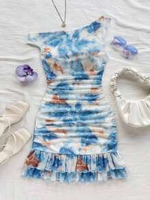 Vestido mini ajustado con volantes asimétricos en el hombro y estampado de teñido anudado romántico.Versátil para fiestas, citas, té de la tarde, playa, boda, temporada de graduación - Multicolor 2 - Ver 5