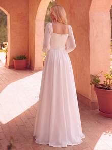 Faeriesty Elegante vestido de gasa de cuello cuadrado blanco, diseño de manga farol, cintura con lazo y abertura alta, adecuado para fiesta, noche, cóctel, invitado de boda primaveral - Blanco - Ver 4