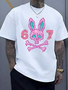 1 pieza Camiseta de hombre con estampado gráfico de conejo rosa derretido y calaveras con huesos cruzados, estilo punk urbano, 100% algodón, 220g, estilo Y2K, ropa urbana genial con estampado digital, regalos para hombres. - Blanco - Ver 8