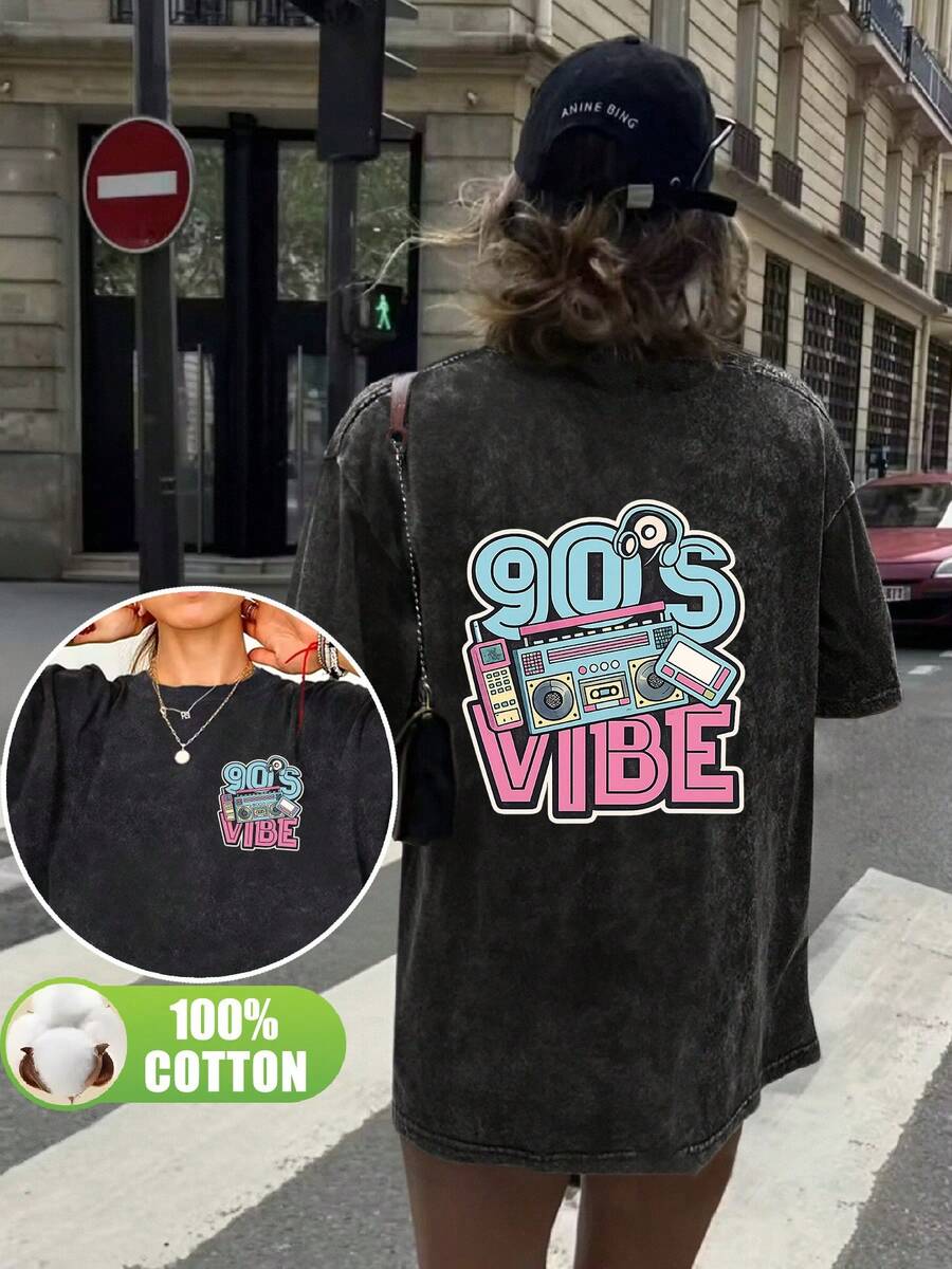 Plus Size Women's T-Shirt With Vintage Cassette Print, Plus Size Short Sleeve Top For Women, Totally Pure 100%, Washed And Distressed For Durability, Machine Washable, Showing Off 90s Fashion Style, An Ideal Choice For Street Parties, Vacations - 黑色 - 查看 1