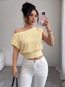 Camiseta casual de punto asimétrica y vintage, que estrecha la cintura y estiliza, con estilo francés de moda, adecuada para primavera/verano en el trabajo y para ir y venir - Amarillo - Ver 1