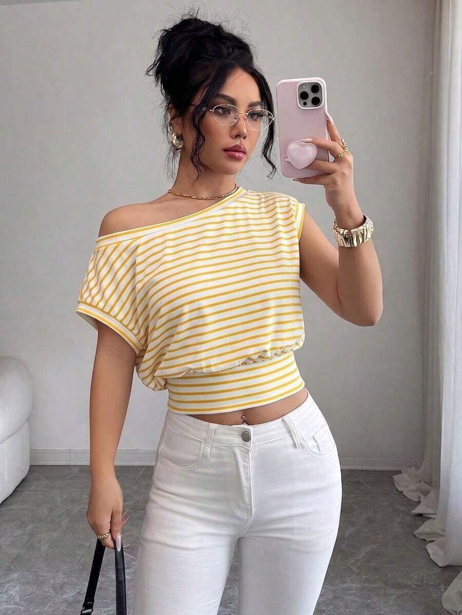 Camiseta casual de punto asimétrica y vintage, que estrecha la cintura y estiliza, con estilo francés de moda, adecuada para primavera/verano en el trabajo y para ir y venir - Amarillo - Ver 1