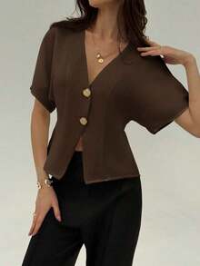 Camisa blanca sólida con mangas de murciélago, doble botonadura y frente abierto elegante - Marrón 3 - Ver 4