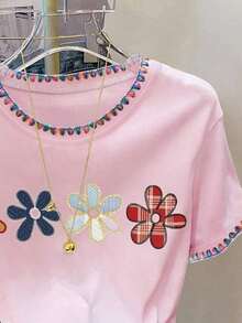 Camiseta casual de mujer con cuello redondo y hombros caídos, bordada con flores, 4 estampados florales diferentes, camiseta bordada con conchas.Camiseta casual cómoda para exteriores, adecuada para todas las estaciones. - Rosa Pálido - Ver 4