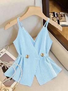 Camiseta sin tirantes casual de mujer con decoración de botones a rayas - Celeste - Ver 6