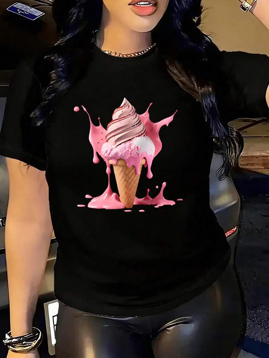 Camiseta de manga corta y cuello redondo para mujer, con un estampado de 'ICE-CREAM', cómoda y a la moda para uso diario casual