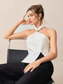Top con cuello de halter, diseño de botón de metal verde, abertura lateral, elegante y chic para uso urbano y diario, estilo romántico retro de los 90.Adecuado para Navidad, Año Nuevo, San Valentín, fiestas, playa, graduación, moda, carnaval, bod - Blanco - Ver 8