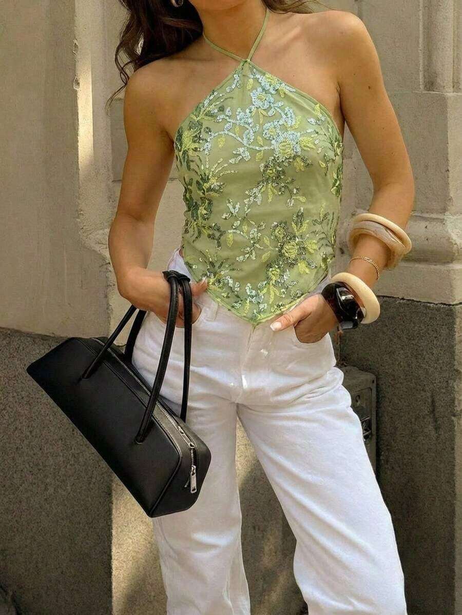 Top halter con espalda descubierta y lentejuelas sexy para mujer, ideal para verano, vacaciones en la playa, estilo bohemio, tropical, conciertos, festivales, country, Ibiza, Nashville, estilo occidental, boho, streetwear, gyaru - Verde - Ver 1