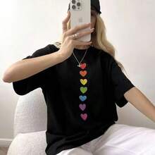 Camiseta de mujer estilo europeo y americano, nueva colección de verano 2026, juvenil, de algodón puro, con estampado de dibujos animados, holgada, versátil, retro y casual. - Negro - Ver 4