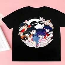 Casual Cotton Round Neck Short Sleeve T-shirt with Cute Anime Character Print - Negro - Ver 1
