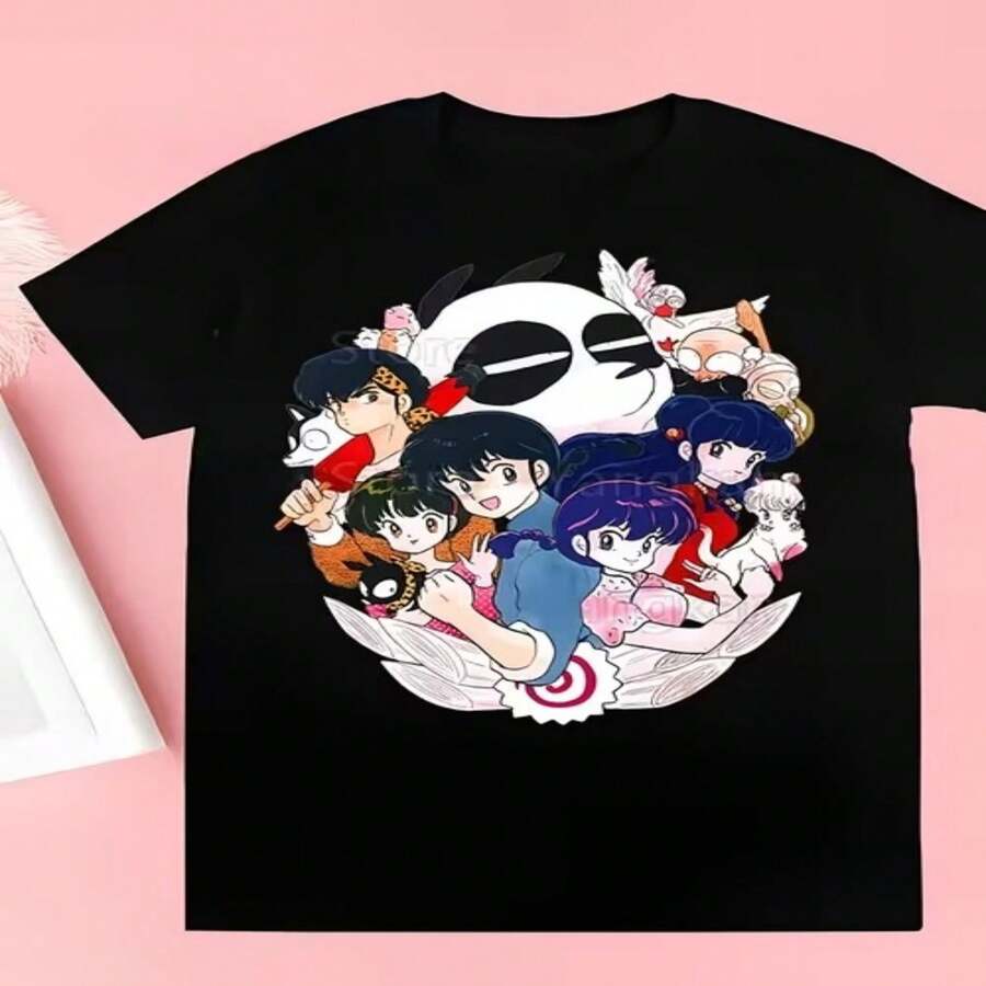 Casual Cotton Round Neck Short Sleeve T-shirt with Cute Anime Character Print - Negro - Ver 1