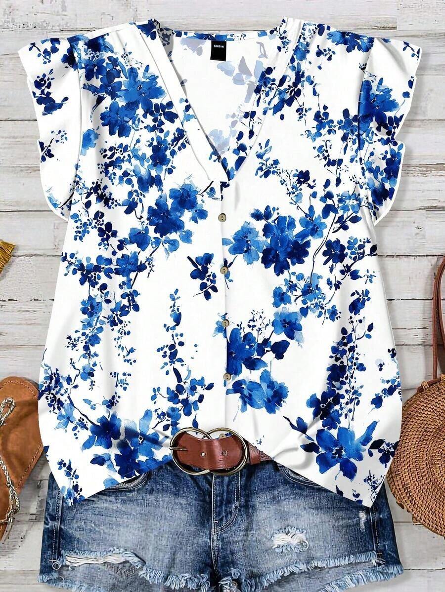 Camisa casual de mujer de manga corta con cuello en V, con estampado de rayas en un estilo minimalista, bohemio, elegante y romántico, retro, adecuado para festivales de música, playa, vacaciones de verano - Multicolor 8 - Ver 1