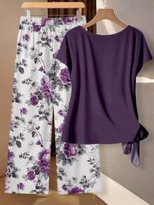Conjunto de 2 piezas de blusa con lazo y pantalones rectos para mujer, informal - Multicolor 10 - Ver 3