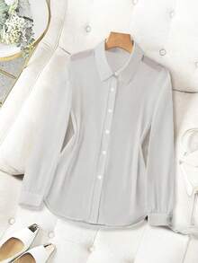 Blusa minimalista de unicolor transparente con cuello vuelto, blusas de manga larga - Gris - Ver 3