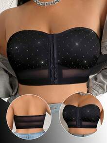 Plus Size Women Underwear Front Closure Rhinestone Embellished Soft & Comfortable Bra - Black - View 5