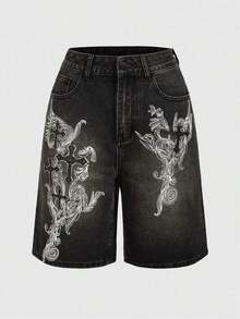 Grunge Punk Shorts vaqueros de mujer con estampado sencillo - Niebla azul - Ver 11