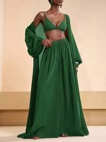 Conjunto de bata plisada de unicolor y pantalones de pierna ancha para mujer, conjunto informal de vestir para vacaciones - Verde - Ver 3