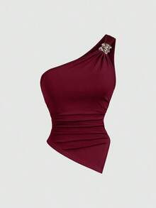 Blusa de unicolor minimalista con cuello asimétrico y hebilla de metal para mujer - Multicolor - Ver 6