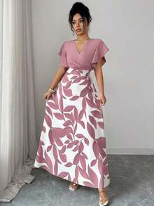 ajustado y acampanado con volantes y mangas de capa, con estampado de hojas de color rojo burdeos, para primavera/verano - Rosa - Ver 7