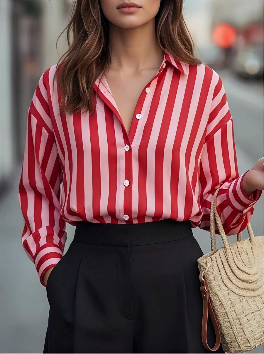 Elegaris Áo khoác nhẹ nữ kiểu vintage, họa tiết sọc phối màu Bohemian, áo sơ mi dài tay cài cúc cổ ve màu hồng, kiểu dáng rộng rãi thoải mái thanh lịch lãng mạn thành thị, áo kiểu mùa xuân