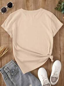 Women's Oversized Brown T-Shirt With  Bear Print. Loose-Fitting Round Neck T-Shirt With A Pink Bear Wearing Glasses Design. Casual Short-Sleeved T-Shirt With A  Bear, Chic And Youthful Style. - YH484-杏色 - 查看 3