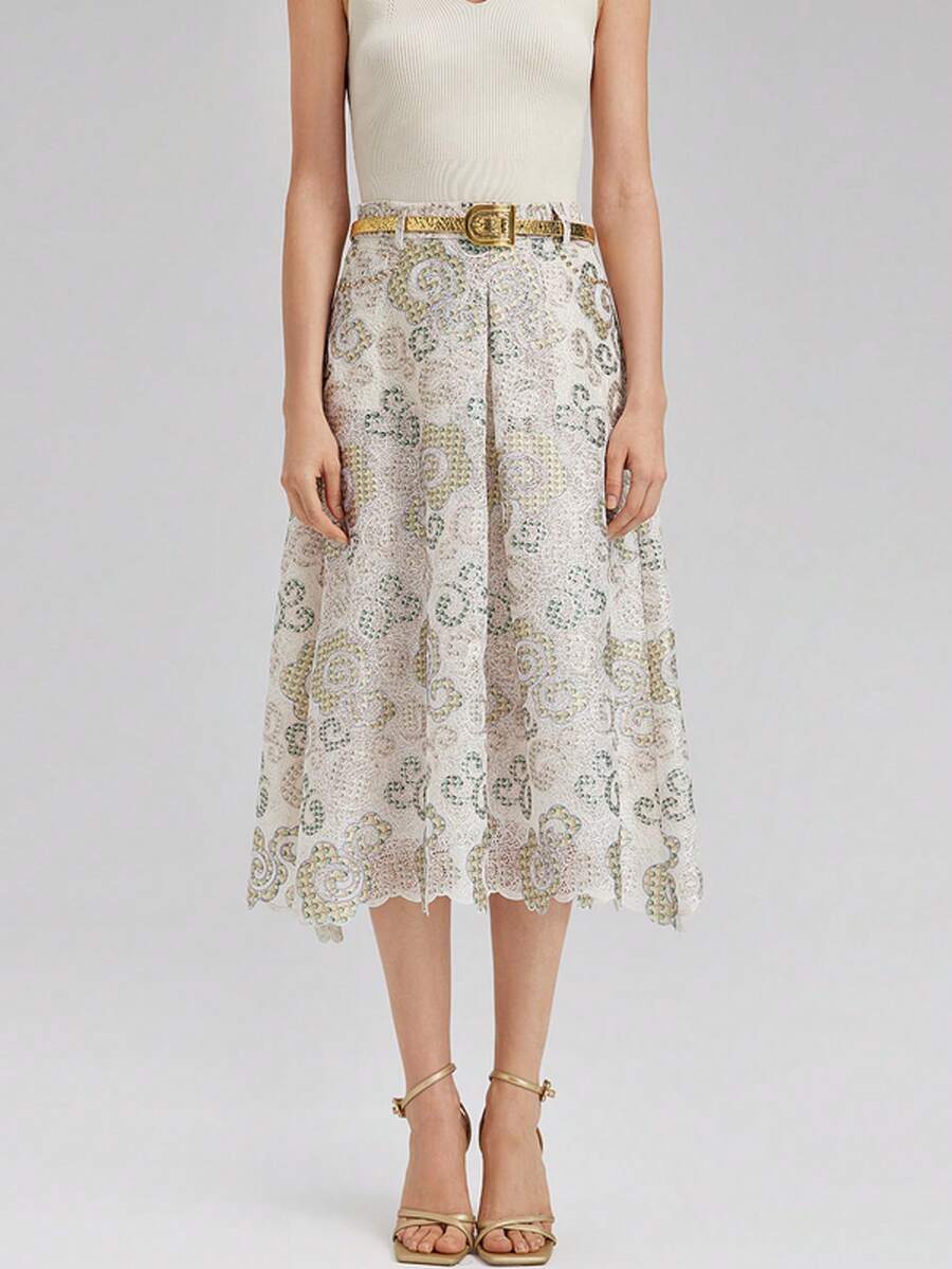 Rich Radi Q's Women's Fashion A-Line Skirt, Elegant Mid-Length Design, Woven Fabric With Contrasting Lace Belt, Suitable For Summer Wear