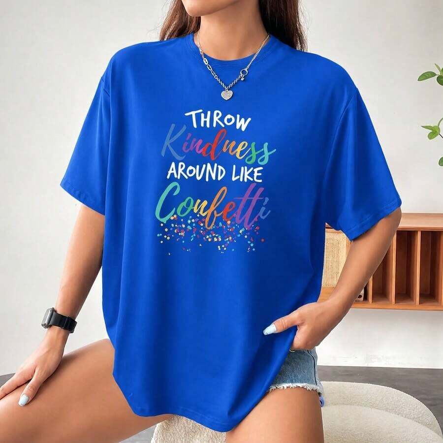 Camiseta Casual Estampada Vintage de Talla Grande para Mujer - Azul - Ver 1