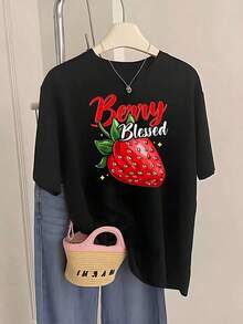 Plus Size Short Sleeve T-Shirts For Women, Ideal For Summer And Everyday Wear, New Style 2026 Women's T-Shirt - Strawberry And "Berry" Print Design, Casual Summer Top With Round Neck, Machine Washable Medium Stretch Fabric, Suitable For Daily Wear And Essential For Parties, Breathable Fashion Item, Opaque Material, Fun Design, Essential For Summer, The First Choice Of Fashion Enthusiasts, Breathable And Comfortable. - 黑色 - 查看 11