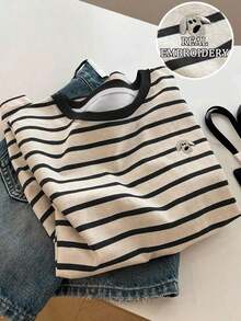 Camiseta de cuello redondo de color liso con detalles de lazo de pedrería de estilo minimalista - Multicolor 4 - Ver 4