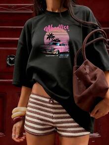 Pink Classic Car And Sunset Palm Tree T-Shirt, Fashionable Short-Sleeved T-Shirt For Spring And Summer 2026, Made In Mexico, 180 Grams. Cartoon Print, Couple Design, Suitable For Indoor Or Outdoor Wear. Crew Neck, Unisex, Ideal For Office And Leisure. One-Pack. - BK-P631577SLNDXZGY502 - 查看 2