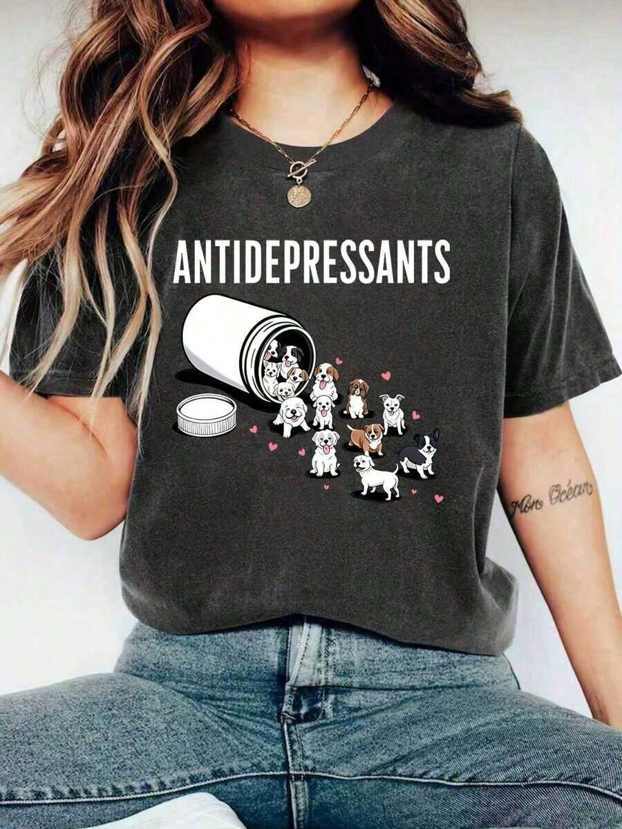 Plus Size Short-Sleeved, Crew Neck T-Shirt With A Cute "Anti-Depression" Dog Print, Made Of Comfortable And Stretchy Fabric, Regular Fit For Casual Summer Wear - 深灰色 - 查看 1