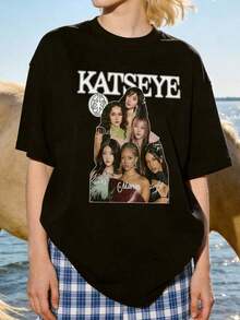 Women's Vintage T-Shirt. Soft And Casual Short-Sleeved Crew Neck T-Shirt With A Graphic Print Featuring A K-Pop Girl Group's Logo, Suitable For Casual Street Wear. Black. Gothic Style. - 黑色 - 查看 7