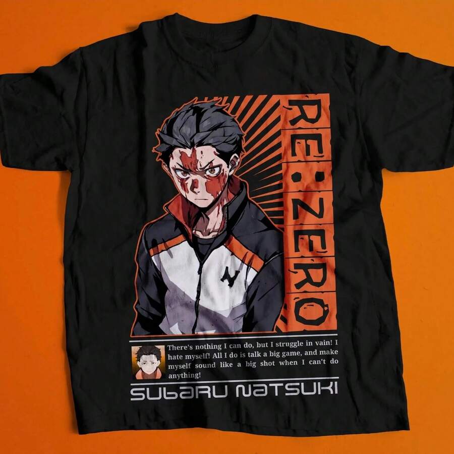 Unisex Short-Sleeve T-Shirt With Re:Zero 4 Natsuki Anime Print, 100% Cotton, Summer 2026 Style, Y2K. This Short-Sleeve T-Shirt For Men And Women Is Made Of 220g Pure Cotton, A Thick, Wrinkle-Resistant Fabric That Won't Easily Lose Its Shape. Its Simple And Versatile Style Is Lightweight And Breathable, Making It Perfect For Work, Travel, Camping, Shopping, And Everyday Wear. - 黑色 - 查看 1