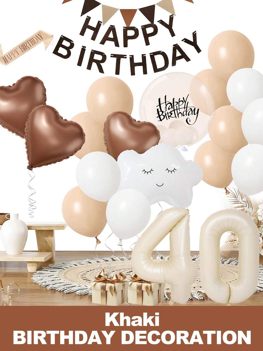 40th Birthday Cream Balloons Decor Birthday Decorations For Women Girl Beige Brown White Sand Foil Star Heart Balloon Decor, Birthday Sash Bobo Balloons For Birthday Anniversary Party Decoration Supplies Room Decor - 40歲生日 - 查看 1