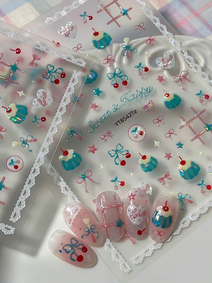 1片贝壳灯甜美少女美甲贴纸,樱桃蛋糕蝴蝶结美甲贴花,少女心DIY美甲装饰 - 彩色 - 查看 1