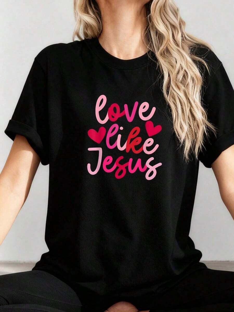 IZI-POD-Camiseta-Retro-Con-Corazón-Coqueta-Estilo-Jesus,-Unisexo-Para-Adultos,-Talla-Pequeña,-Manga-Corta,-Camiseta-Para-Dia-de-San-Valentin - Negro - Ver 1