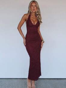 Elegant European-Style Maxi Dress For Women With A Halter Neck, Lace Trim, And A Slit; Fitted And Flattering. - 酒紅色 - 查看 2