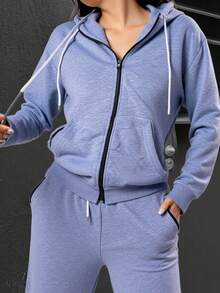Conjunto Deportivo de 2 Piezas para Mujer: Sudadera con Capucha y Cierre de Cremallera Frontal más Pantalón Jogger con Cordón Ajustable - Set Casual de Algodón Suave para Entrenamiento, Gimnasio y Uso Diario - Gris Claro - Ver 5